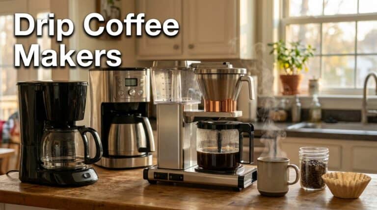 Create a **clean, ultra-realistic UGC-style 16:9 featured image** for **RoastRig.com** about drip coffee makers. **Topic:** Best Drip Coffee Makers (2026): 10 Picks From $25 Brewers to the Moccamaster ### Scene A warm, realistic home kitchen in the morning, photographed like an authentic **iPhone 17 Pro UGC photo**. Show a selection of **different drip coffee makers** naturally arranged across a kitchen countertop to communicate a comparison of affordable and premium brewers. Include a simple budget-style drip brewer, a mid-range modern coffee maker, and a premium stainless-steel brewer inspired by the classic Moccamaster design. The coffee makers should look like **real consumer appliances**, with realistic proportions, buttons, carafes, filter baskets, water reservoirs and power cords. Have one brewer actively making coffee, with fresh coffee dripping into its glass or thermal carafe. Include a ceramic coffee mug with freshly brewed coffee beside it. A small pile of coffee beans and a paper coffee filter can add subtle context. ### Composition Shoot from a natural kitchen-counter perspective, slightly above countertop height. Make the **coffee makers the obvious hero subjects**, but avoid a perfectly symmetrical product lineup. Arrange them naturally as if someone is comparing several machines before buying one. Use realistic kitchen details in the background: * wooden or stone countertop * kitchen cabinets * subtle morning light through a window * coffee beans * ceramic mug * paper filters * small kitchen accessories Keep the background softly blurred while the coffee makers remain sharp. ### UGC style The image should look like a **real homeowner photographed their coffee setup with an iPhone 17 Pro**, not like a professional appliance advertisement. Include: * natural framing * realistic exposure * subtle smartphone HDR * authentic reflections on stainless steel and glass * realistic coffee and steam * slight imperfections * natural depth of field * genuine lived-in kitchen atmosphere Avoid an overly polished commercial or studio look. ### Lighting Warm but natural early-morning daylight coming through a kitchen window. Soft shadows, realistic highlights on stainless steel, believable reflections in the glass carafes, and subtle steam rising from freshly brewed coffee. ### Text overlay Leave the text exactly: **“Drip Coffee Makers”** Place it prominently in the **upper-left portion of the image**, using clean negative space. Use a bold modern sans-serif font, white lettering with a subtle dark shadow. Keep the typography professional, minimal and suitable for **RoastRig.com**. Do **not** add the full article title, prices, rankings, “2026,” or any additional text. ### Brand accuracy Where recognizable brands appear, keep their general real-world appearance accurate. The premium brewer can resemble a **Moccamaster-style** machine, while other brewers should represent different price tiers without inventing strange designs or fake specifications. Do not make one machine visually appear as the definitive winner. ### Negative prompt Best Drip Coffee Makers