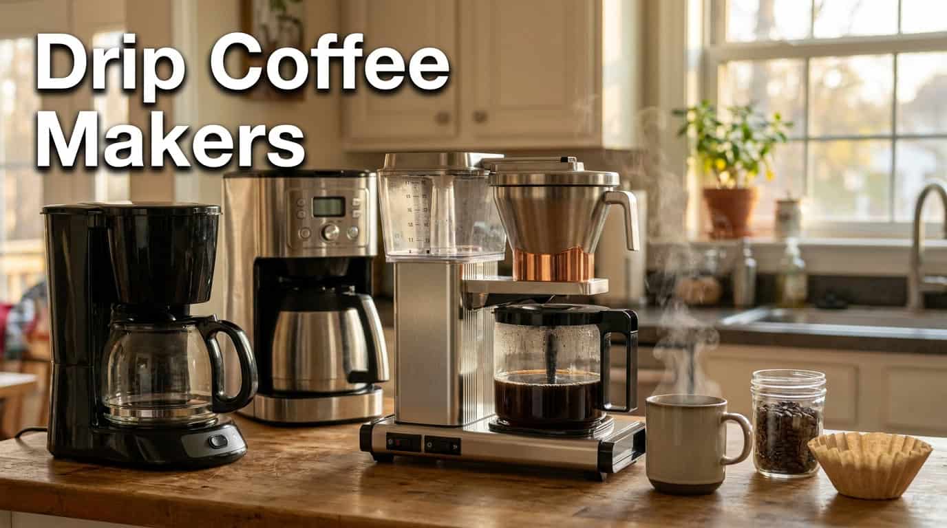Create a **clean, ultra-realistic UGC-style 16:9 featured image** for **RoastRig.com** about drip coffee makers. **Topic:** Best Drip Coffee Makers (2026): 10 Picks From $25 Brewers to the Moccamaster ### Scene A warm, realistic home kitchen in the morning, photographed like an authentic **iPhone 17 Pro UGC photo**. Show a selection of **different drip coffee makers** naturally arranged across a kitchen countertop to communicate a comparison of affordable and premium brewers. Include a simple budget-style drip brewer, a mid-range modern coffee maker, and a premium stainless-steel brewer inspired by the classic Moccamaster design. The coffee makers should look like **real consumer appliances**, with realistic proportions, buttons, carafes, filter baskets, water reservoirs and power cords. Have one brewer actively making coffee, with fresh coffee dripping into its glass or thermal carafe. Include a ceramic coffee mug with freshly brewed coffee beside it. A small pile of coffee beans and a paper coffee filter can add subtle context. ### Composition Shoot from a natural kitchen-counter perspective, slightly above countertop height. Make the **coffee makers the obvious hero subjects**, but avoid a perfectly symmetrical product lineup. Arrange them naturally as if someone is comparing several machines before buying one. Use realistic kitchen details in the background: * wooden or stone countertop * kitchen cabinets * subtle morning light through a window * coffee beans * ceramic mug * paper filters * small kitchen accessories Keep the background softly blurred while the coffee makers remain sharp. ### UGC style The image should look like a **real homeowner photographed their coffee setup with an iPhone 17 Pro**, not like a professional appliance advertisement. Include: * natural framing * realistic exposure * subtle smartphone HDR * authentic reflections on stainless steel and glass * realistic coffee and steam * slight imperfections * natural depth of field * genuine lived-in kitchen atmosphere Avoid an overly polished commercial or studio look. ### Lighting Warm but natural early-morning daylight coming through a kitchen window. Soft shadows, realistic highlights on stainless steel, believable reflections in the glass carafes, and subtle steam rising from freshly brewed coffee. ### Text overlay Leave the text exactly: **“Drip Coffee Makers”** Place it prominently in the **upper-left portion of the image**, using clean negative space. Use a bold modern sans-serif font, white lettering with a subtle dark shadow. Keep the typography professional, minimal and suitable for **RoastRig.com**. Do **not** add the full article title, prices, rankings, “2026,” or any additional text. ### Brand accuracy Where recognizable brands appear, keep their general real-world appearance accurate. The premium brewer can resemble a **Moccamaster-style** machine, while other brewers should represent different price tiers without inventing strange designs or fake specifications. Do not make one machine visually appear as the definitive winner. ### Negative prompt Best Drip Coffee Makers